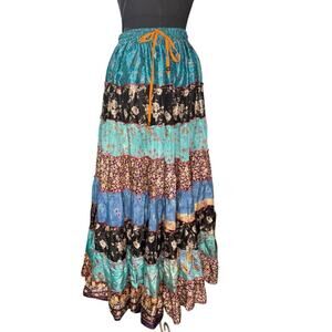 Y2K Silk Printed Boho Prairie Full Maxi Skirt Size L Fairy Tale Gypsy Maximalist
